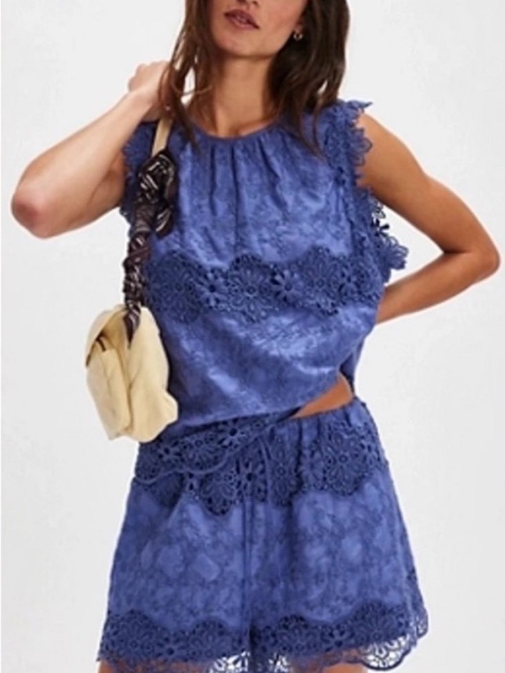 Free People Ashten Blue Lace Trim Shorts Set